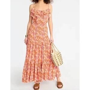 J. Crew L Tiered Maxi Dress Orange Floral Print Sleeveless Ruffle Wedding Guest